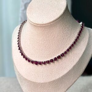 Natural rhodolite garnet hearts tennis necklace solid sterling silver